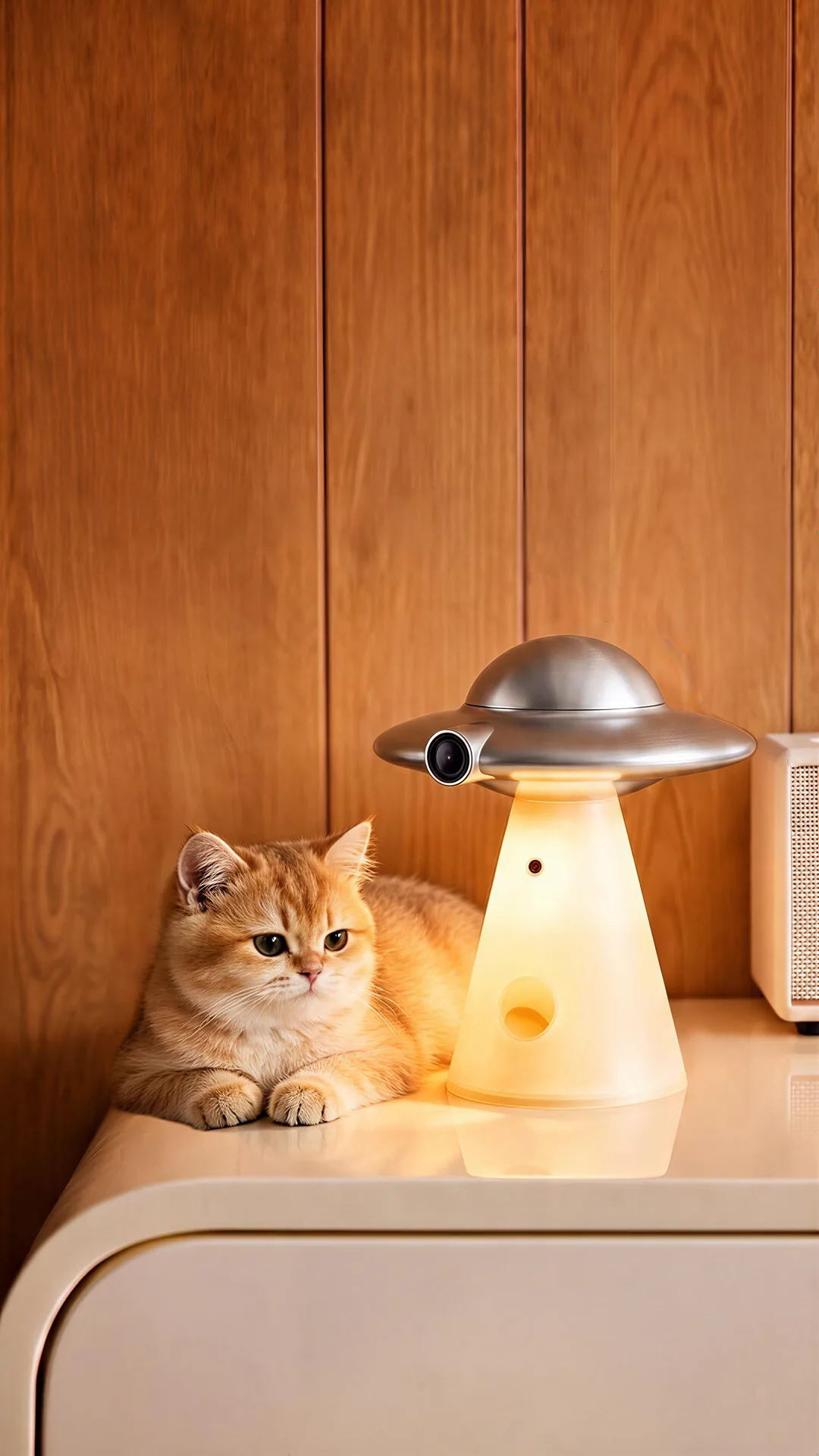 Cat wearing a Catellect smart collar sitting beside the UFO home hub on a wooden console