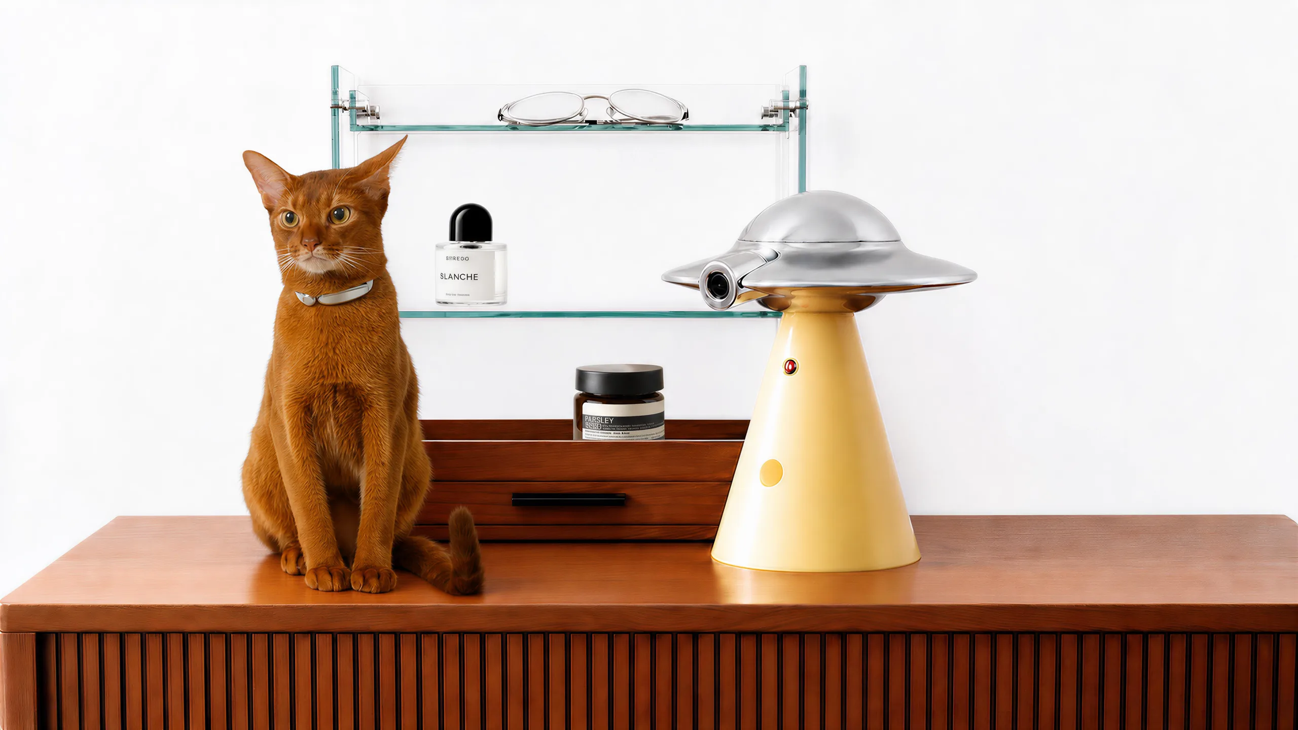 Cat wearing a Catellect smart collar sitting beside the UFO home hub on a wooden console