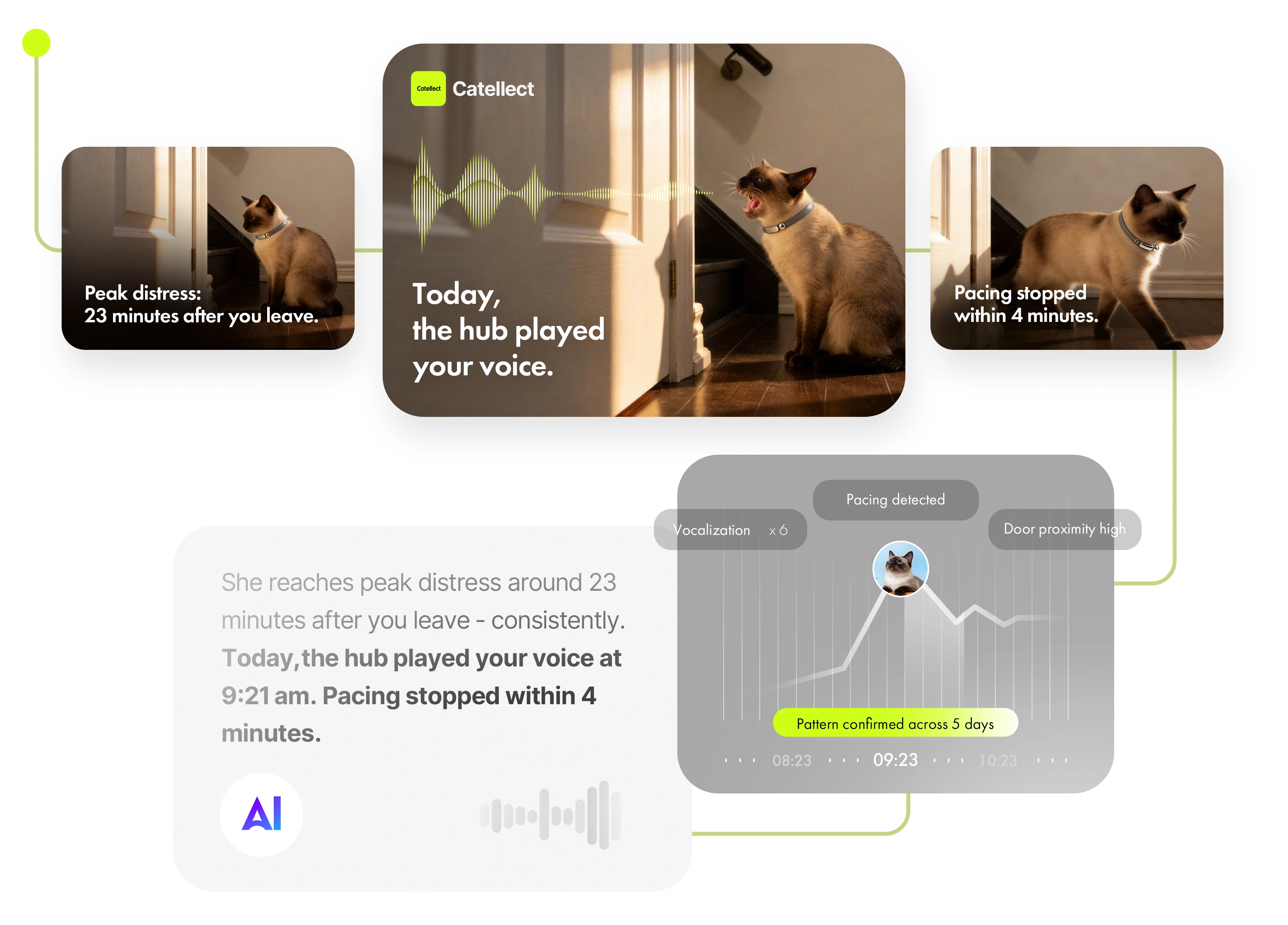 AI detection of separation anxiety patterns including pacing and vocalization with hub intervention