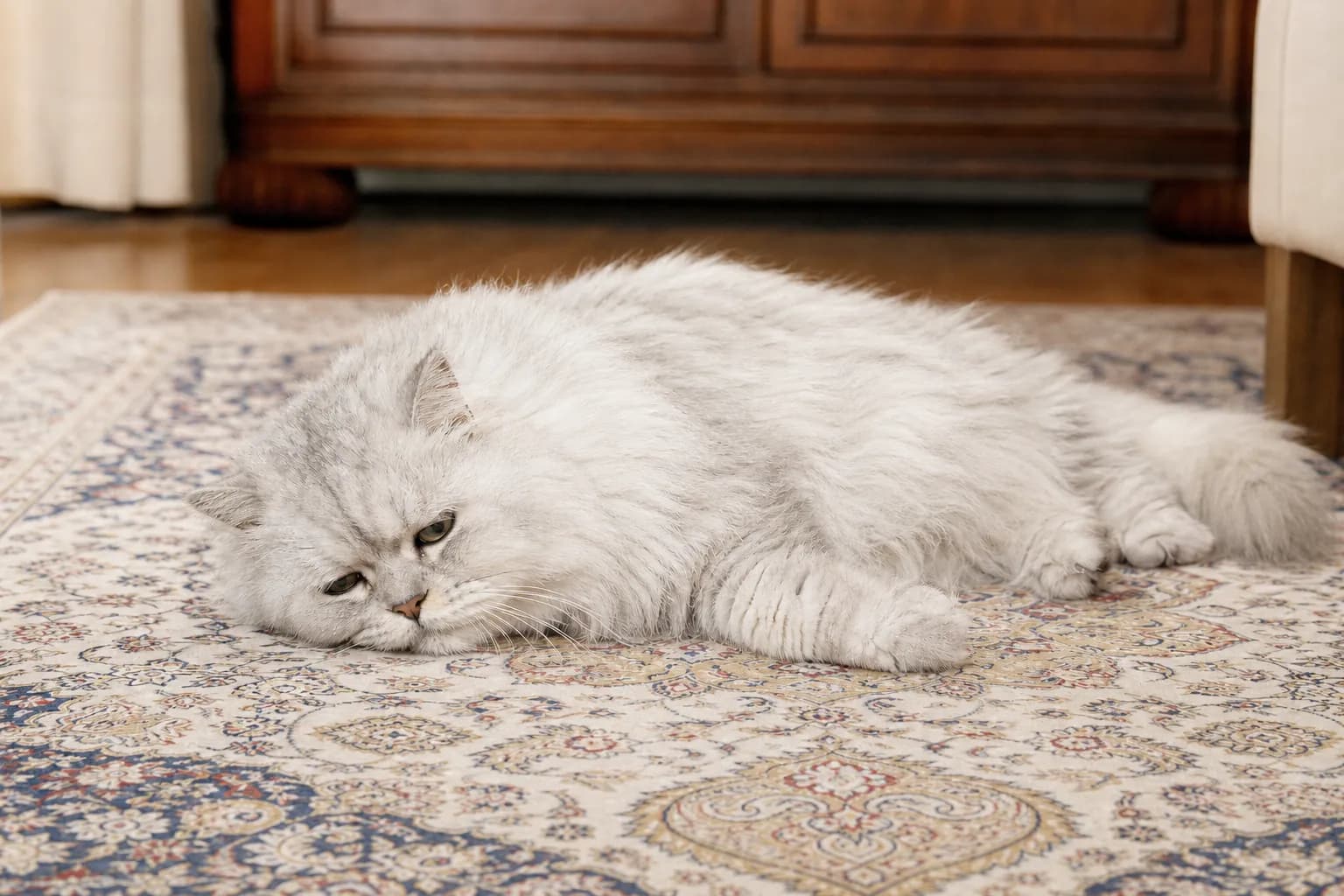 A low-energy cat lying on a rug, the kind of slow change Catellect notices