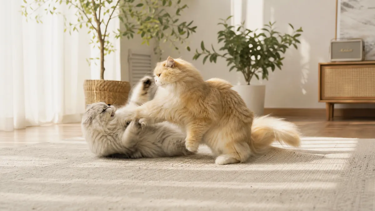 Two fluffy cats play-wrestling on a sunlit living-room rug
