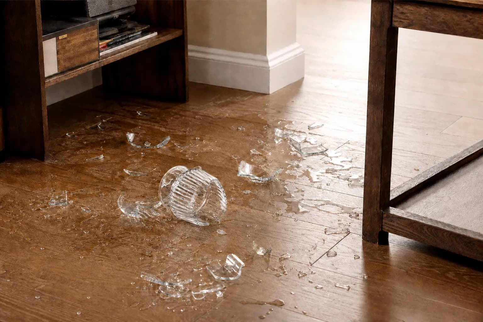 Broken glass on a wooden floor, an urgent event Catellect can catch right away