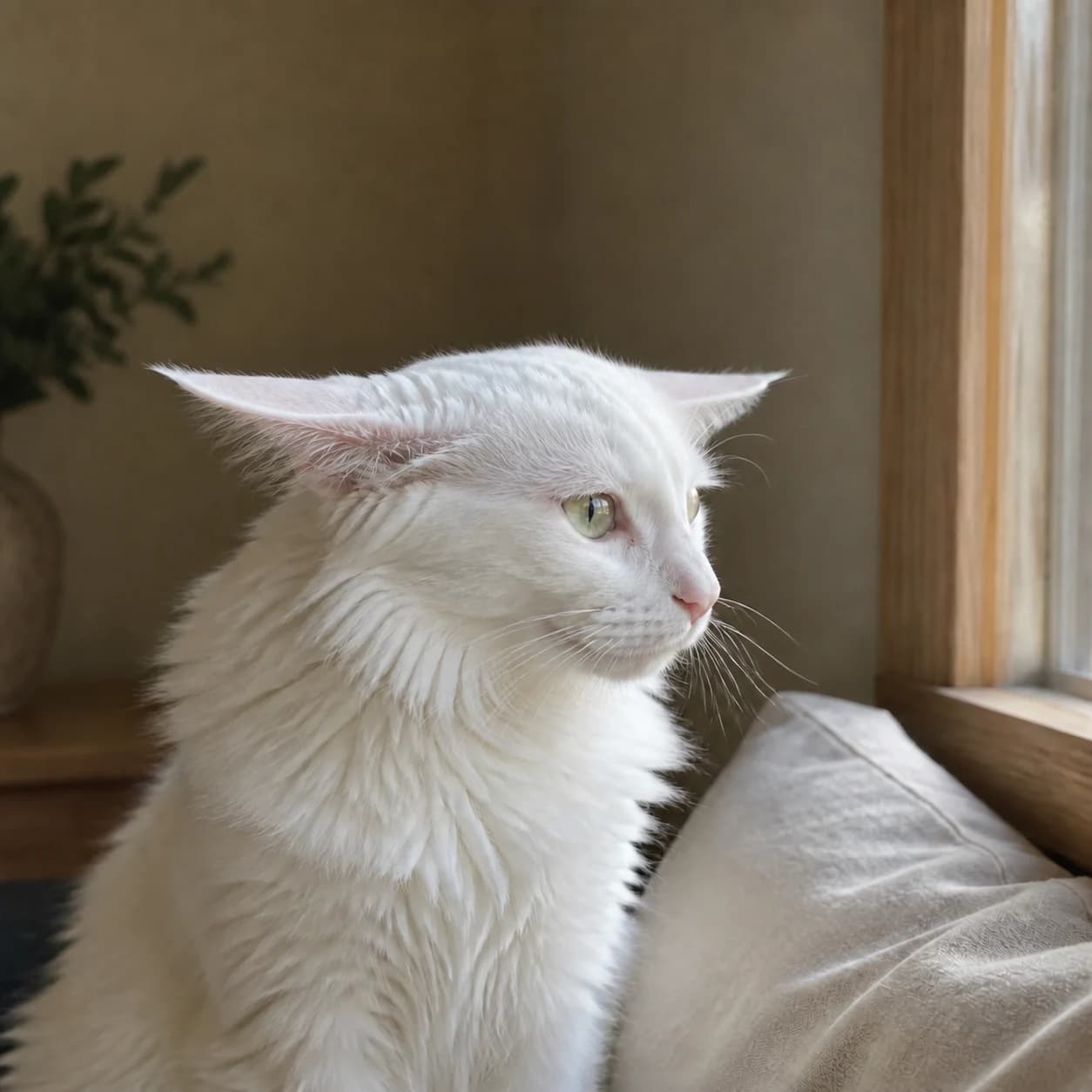 A young Turkish Angora cat looking out a window with both ears flattened sideways