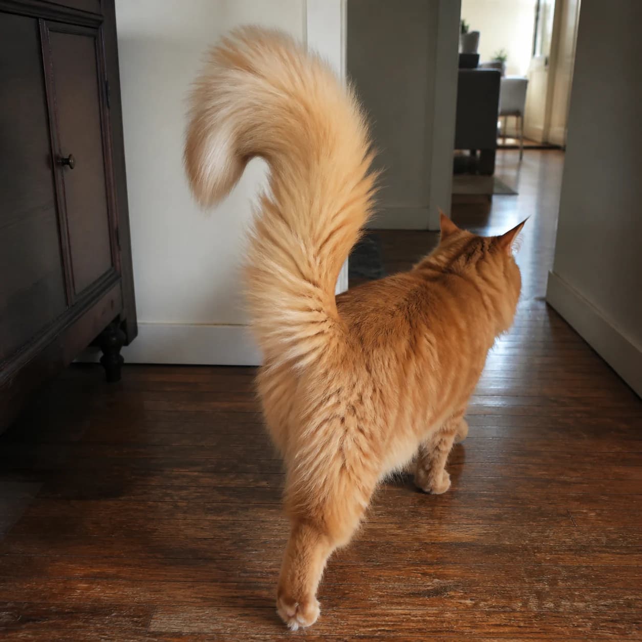 An orange Maine Coon walking with its long plumed tail held upright in a natural curve