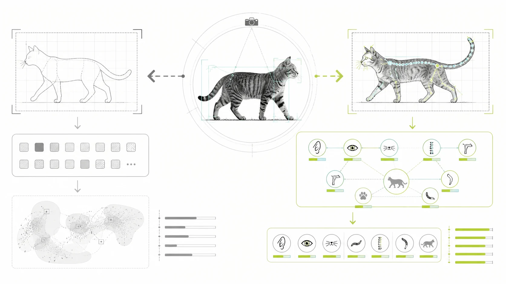 Diagram comparing general-purpose vision with structured feline behavior analysis