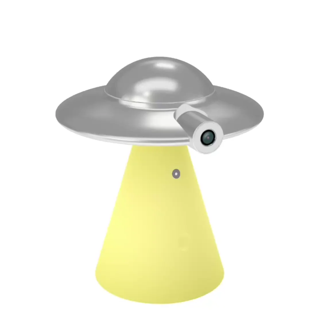 Silver UFO-shaped Catellect Home Hub with its camera and yellow illuminated base